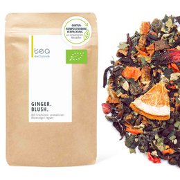 Organic fruit tea with ginger, orange, and other natural ingredients. Vibrant colors and a blend of flavors make this a delightful and healthy tea option.