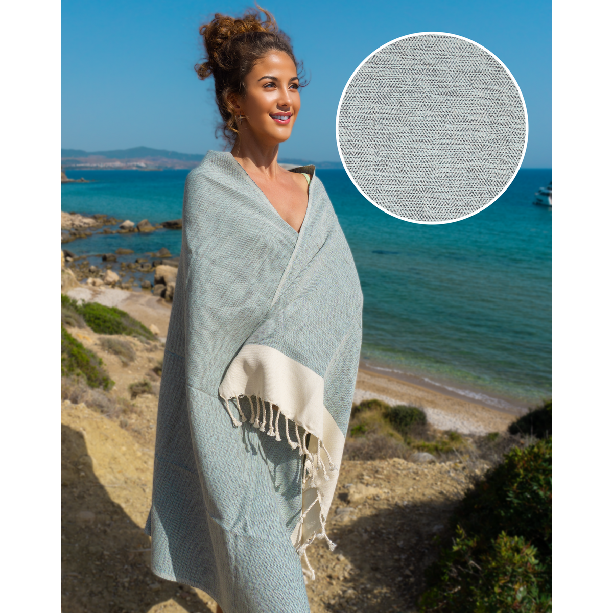 Serviette de Piscine Hammam en Coton MANOLIA - Sans Sable & Compacte - Turquoise - 180x100 cm