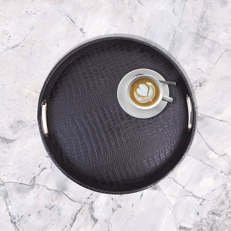 Plateau rond en cuir de crocodile simili cuir noir avec poignées en acier inoxydable plateau de service
