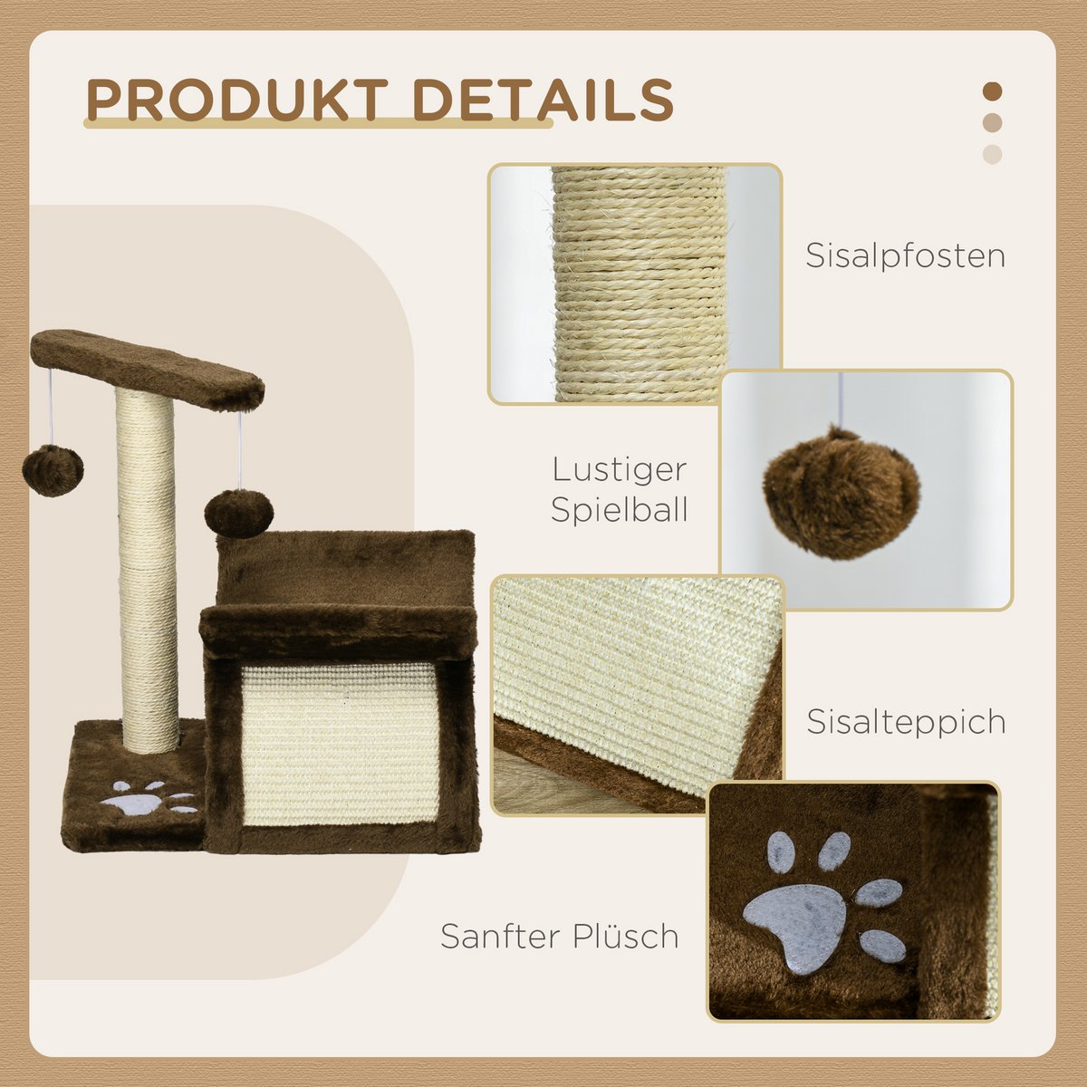 Scratching post 43 cm small cat tree with tunnel, U-shaped lying surface, cat scratching post with scratching board, play ball, cat furniture for small cats, brown