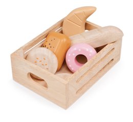  Wooden baker basket with bread, pastries, donut, natural wood toy kitchen food set