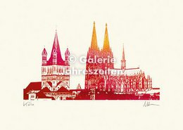 "Red Cologne Cathedral Great St. Martin architectural postcard illustration cityscape landmark"