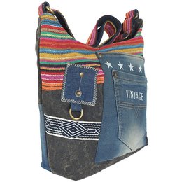 Sunsa schoudertas van upcycled jeans & canvas, vegan damestas