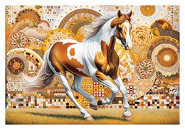Elegant horse puzzle featuring a beautiful brown and white horse against a patterned background with geometric shapes and designs. The puzzle is made of wood and contains 500 pieces.
