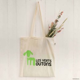 Reusable canvas tote bag with green sheep logo and text "Les verts outs" in French, suitable for carrying food items or other products.