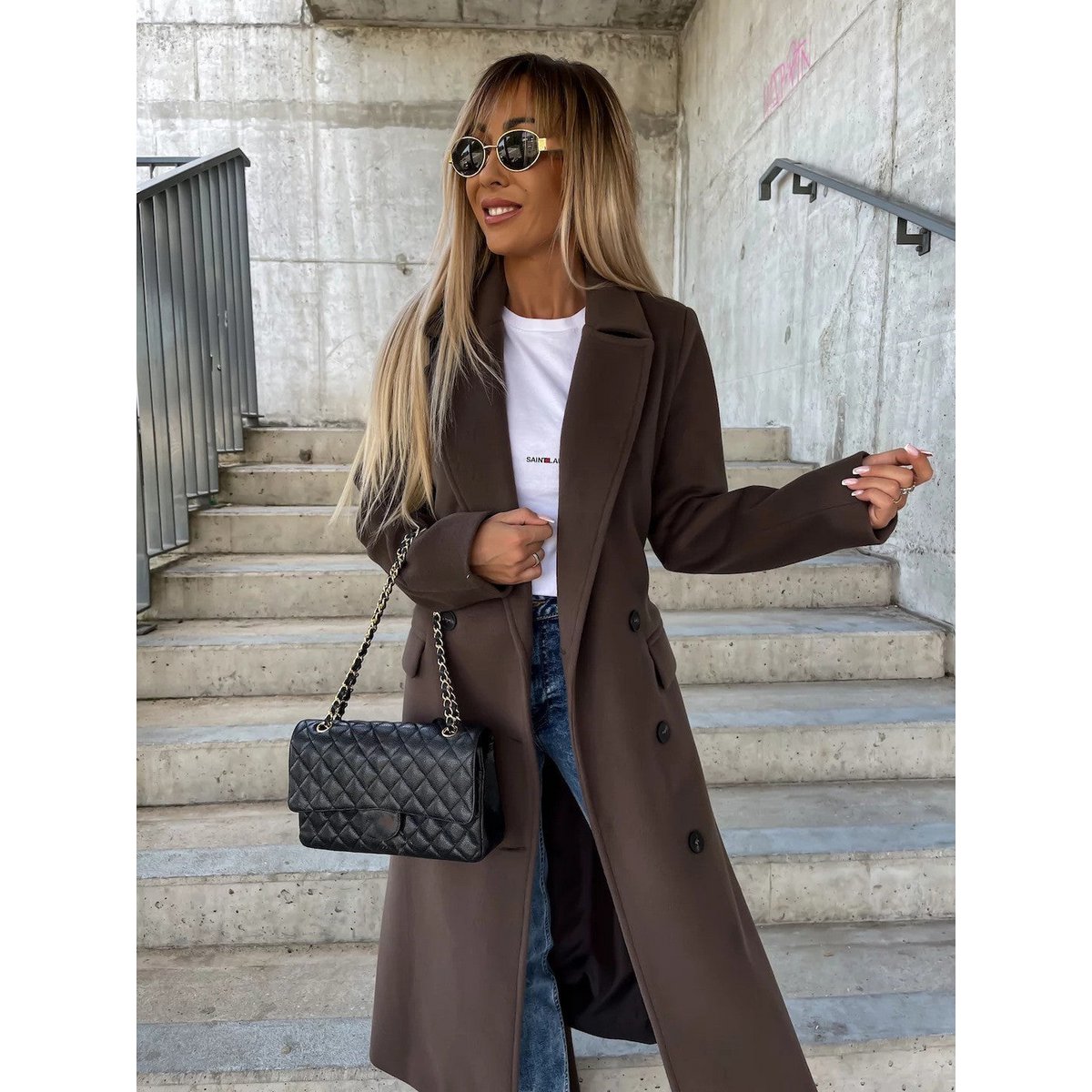 Double-breasted Lapel Split Jacket With Belt Winter Fashion Casual Long Sleeve Button Daily Coats For Women Clothing
