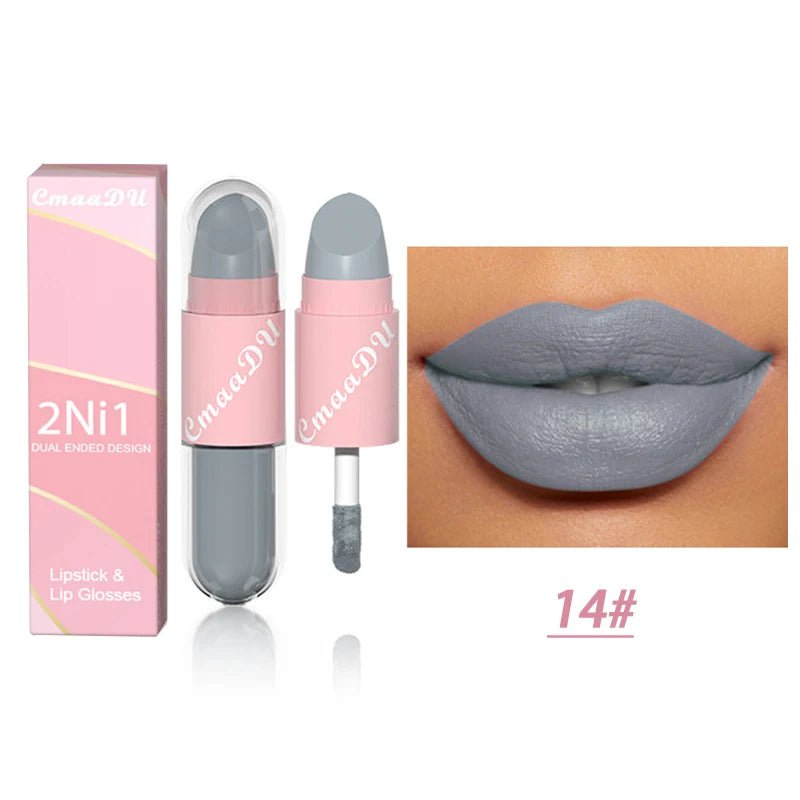18 Colors 2 in 1 Matte Lipstick Liquid Purple Lip Glaze Double Head Lip Makeup Lasting Waterproof Velvet Sexy Dark Red Lipsticks