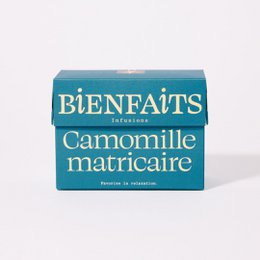 Chamomile infusion tea in a blue box, promoting relaxation. Dried chamomile flowers in a glass container.
The product is a chamomile infusion tea that promotes relaxation. The tea is packaged in a blue box labeled "Bienfaits Camomille matricaire". The second image shows dried chamomile flowers in a glass container, which are the key ingredient in the tea.