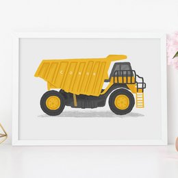 A large yellow dump truck with a sturdy metal frame and large tires, perfect for wall art in a child's room or nursery.