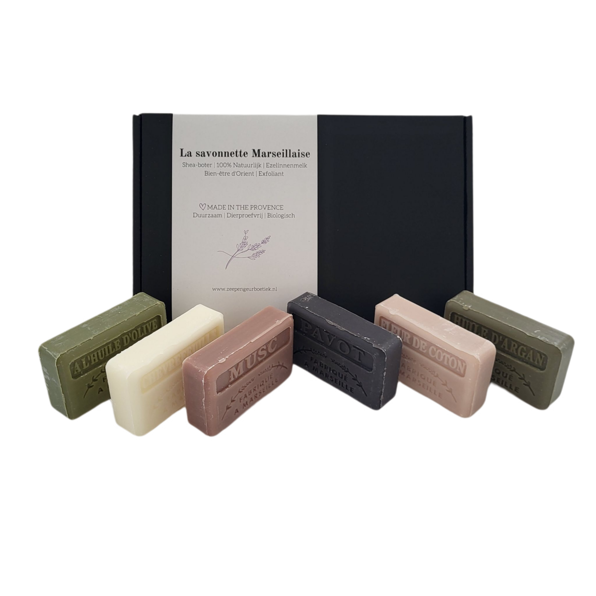 Savon de Marseille cadeauset: Musc, Fleur de coton, chevrefeuille, Pavot, Huile d'argan, Huile d'olive