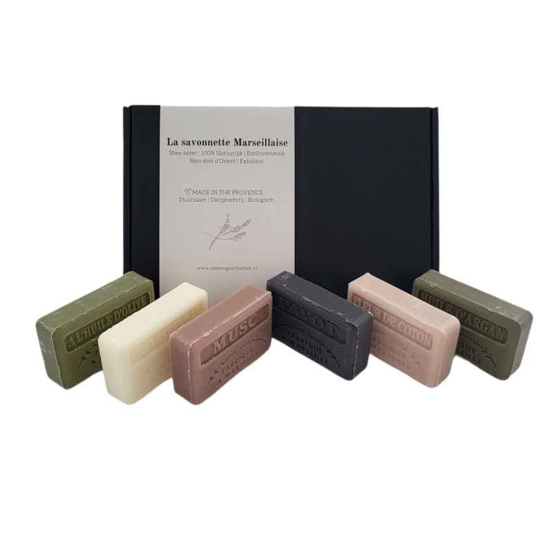 Savon de Marseille cadeauset: Musc, Fleur de coton, chevrefeuille, Pavot, Huile d'argan, Huile d'olive