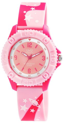 Q&Q kinderhorloge, siliconen band, "Space", roze, 10 bar, Ø 35 mm