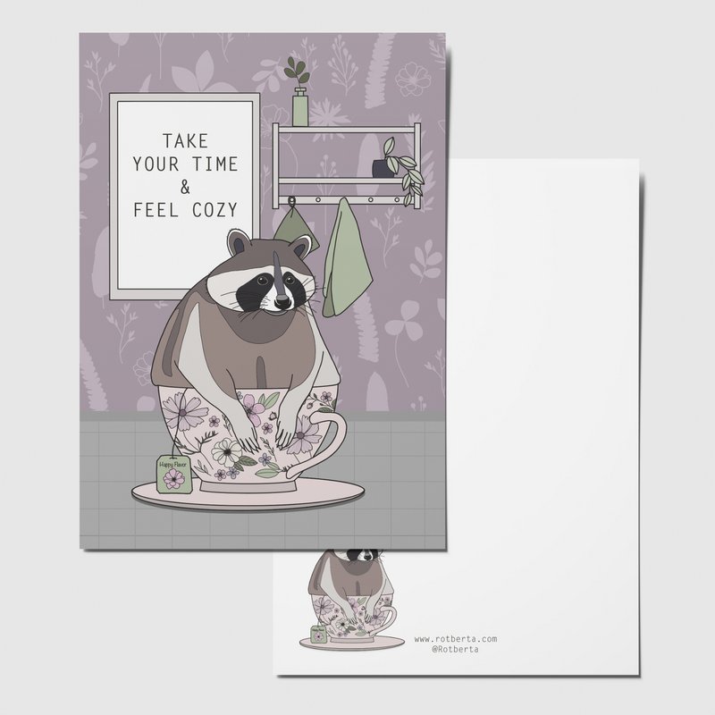 Postcard Take Your Time and Feel Cozy, raccoon in the cup