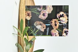Floral postcard with pink and white flowers in a vase on a wooden surface.