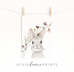 Floral bunny nursery print, featuring a cute white rabbit surrounded by wildflowers and butterflies. Ideal for a girls' room or nursery decor.