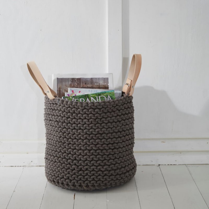 Strickkorb mit Lederhenkel - 30cm x 30cm x 30cm - rund