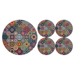 A set of 5 round coasters featuring a vibrant, patterned design in various colors. The coasters are made of felt and are designed to protect surfaces from moisture and heat.