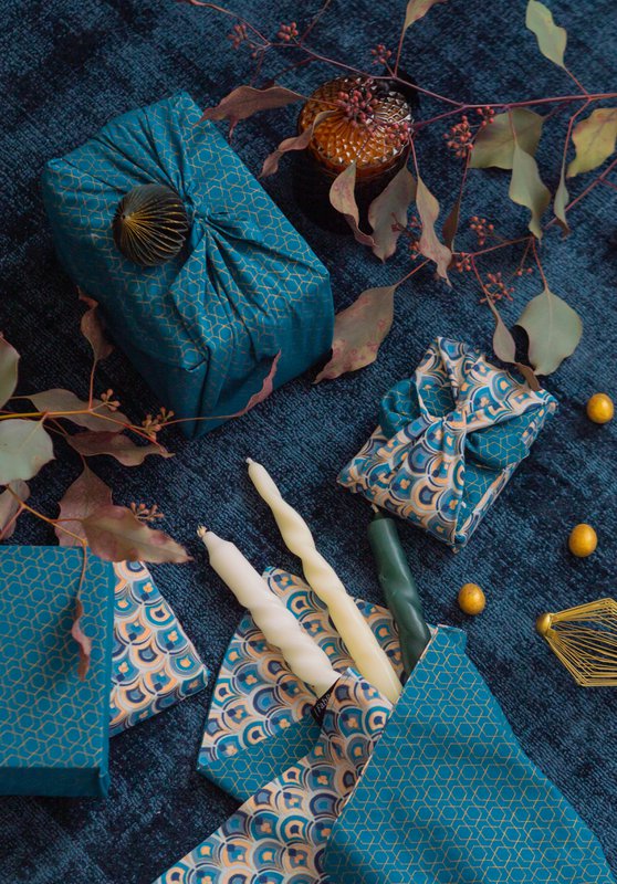 Furoshiki Gift Wrap Art Deco & Ocean Fabric Gift Wrap - Doble cara (Reversible)