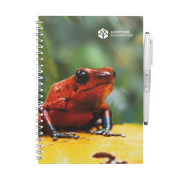 A5 sized spiral-bound notebook with a reddish frog image on the cover. The notebook has a green and white color scheme and appears to be made of durable materials.