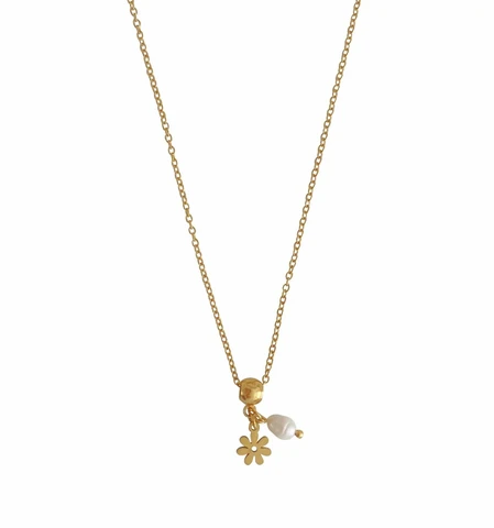 Flower and Pearl Necklace - Gold