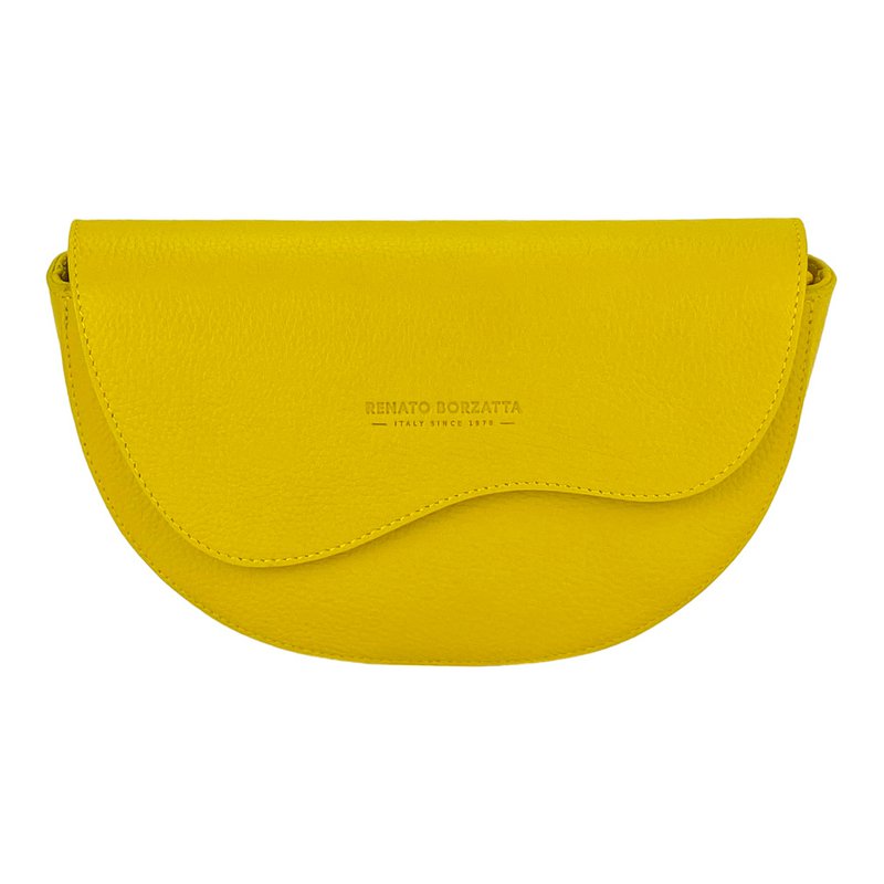 RB1027R | Runde Damen-Umhängetasche aus echtem Leder, hergestellt in Italien. Abnehmbarer und verstellbarer Schultergurt aus Leder. Zubehör aus poliertem Nickel – gelbe Farbe – Maße: 25 x 15 x 9 cm