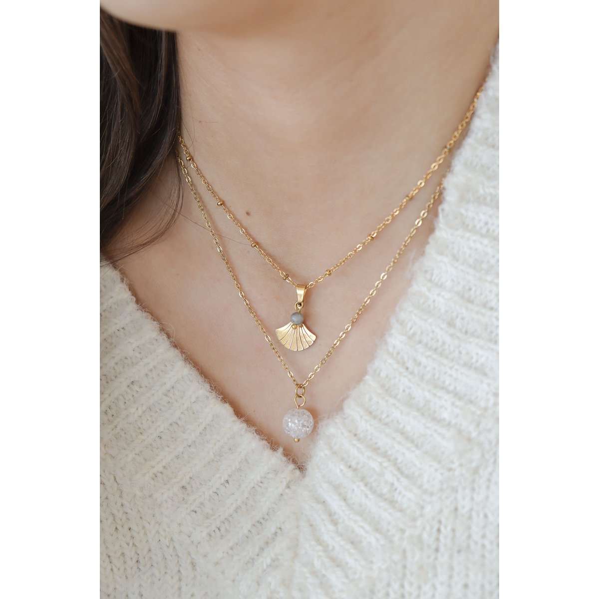 Collier Ginkgo & Labradorite - Doré