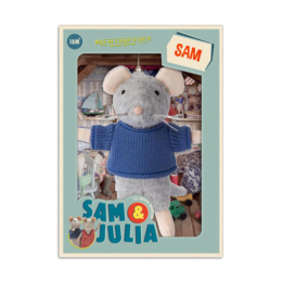 Soft, plush mouse toy in blue sweater, 12cm tall, from The Mouse House collection.