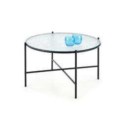  Round transparent glass coffee table with black metal frame, modern minimalist design, durable tempered glass top.