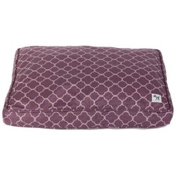 Sustainable, breathable, and machine-washable dog bed cover in elegant purple color with a quatrefoil pattern. Available in round and rectangular shapes in small, medium/large, and huge sizes.