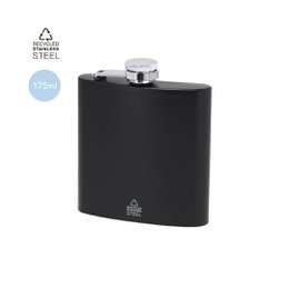 Sort 175 ml hofte kolbe med krop lavet af genanvendt St.Steel og skruesikkerhedshætte. Ergonomisk design + krop i mat finish. Kopi