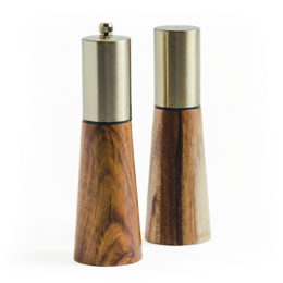  Wooden salt and pepper mill set with brushed metal tops. Made of acacia wood with a natural finish. Cylindrical shape with a tall, slender design.