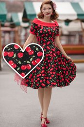  A red and black cherry print dress with a fitted bodice and full, flared skirt. The dress features an off-the-shoulder neckline and short sleeves. The print includes red cherries and green leaves on a black background.