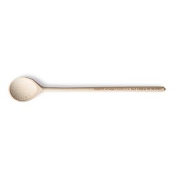A wooden cooking spoon with the text "Children come. The food is ready!" printed on it. The spoon has a round, shallow bowl and a long, straight handle.