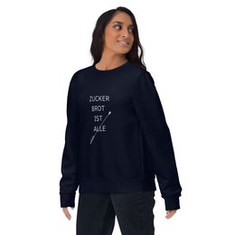  Unisex organic sweater in navy blue, black, canyon pink, and white colors. Made of soft, comfortable material. Features a graphic text design on the front.