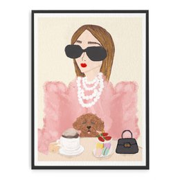 A stylish woman wearing sunglasses and pearls, holding a small dog and a handbag, against a pink background.