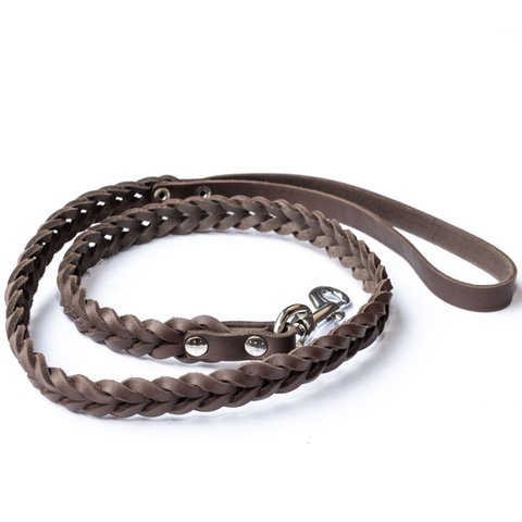 Genuine Braided Leather Dog Lead in Dark Brown