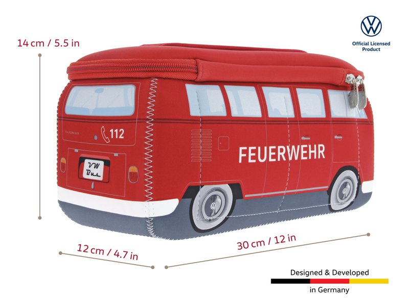 Volkswagen VW T1 Bus 3D Neopren Universal Taske, Stor - Feuerwehr/Brandbil/Rød