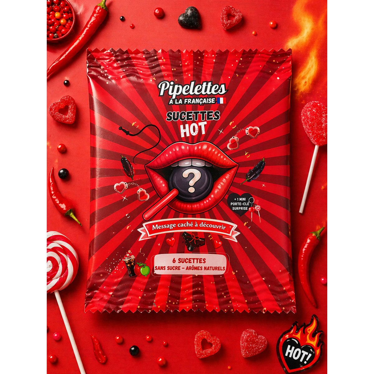 Box of personalized lollipops themed “HOT!”