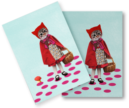 Set of 10 postcards featuring whimsical illustrations of cats in colorful outfits and accessories, including a red hooded cape, polka dot dress, and sunglasses. The postcards have a playful, quirky style.