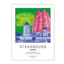 Vibrant poster depicting the iconic landmarks of Strasbourg, including the Cathedral and Petite France district. The poster showcases the city's distinctive architecture and colorful aesthetic.