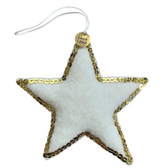 Ornamento da appendere con stella Luna-Leena - bianco sporco e oro - feltro di lana - fatto a mano in Nepal