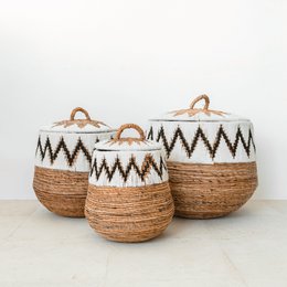 Vasketøjskurv med låg – Boho vasketøjskurv rund – Stor Boho kurv – Vævet kurv med bomuldsmønster PALEM (3 størrelser Ø33/43/55cm)
