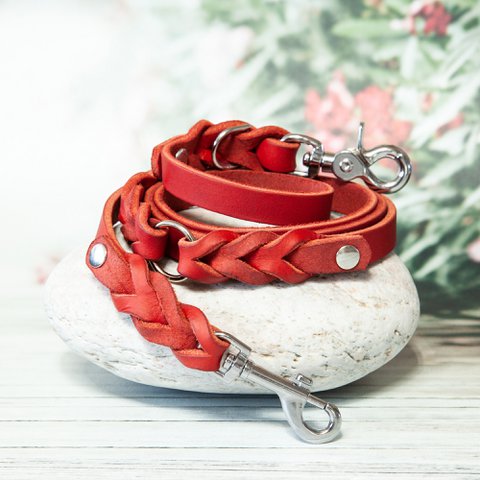 Leather dog leash | Red | Leather leash | Length 180 cm | 2-way adjustable | Handcrafted