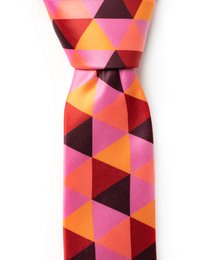Rhombus Magenta Tie made of recycled polyester, available in skinny, standard, and classic styles. The tie features a vibrant geometric pattern in shades of pink, orange, and purple.