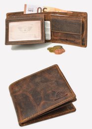 Vintage leather wallet with zip pocket, made of short brown leather, suitable for handbag category.