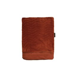 Rust-colored plaid throw blanket with a soft, textured surface and a cozy, inviting appearance. Suitable for use as a decorative accent or for snuggling up on the couch.