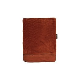 Rust-colored plaid throw blanket with a soft, textured surface and a cozy, inviting appearance. Suitable for use as a decorative accent or for snuggling up on the couch.