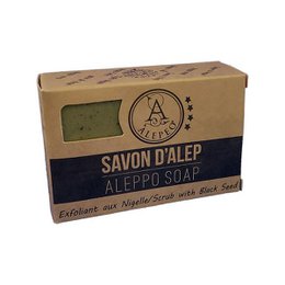 Aleppo olive soap bar with nigella seeds, handcrafted in traditional Aleppo style, natural and gentle cleansing properties.