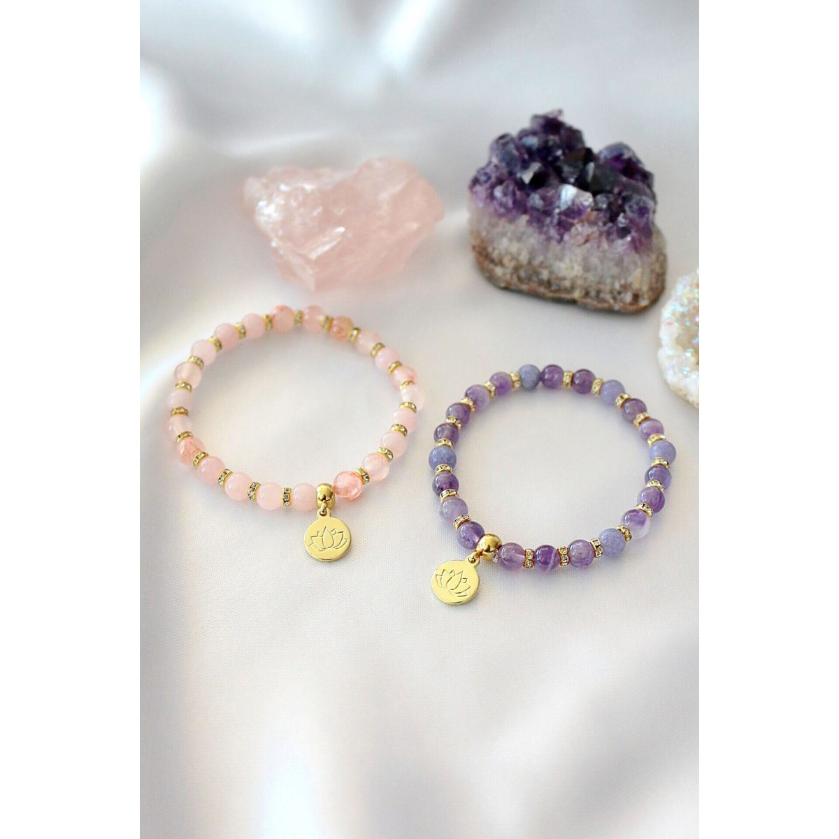 "Peace & Love" Rose Quartz - Amethyst Elastic Bracelet | 24K Lotus Flower Charm