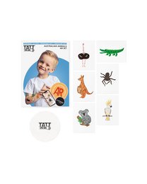 Temporary tattoo set featuring Australian animals including a crocodile, spider, and ant. Ideal for party and fashion accessories.